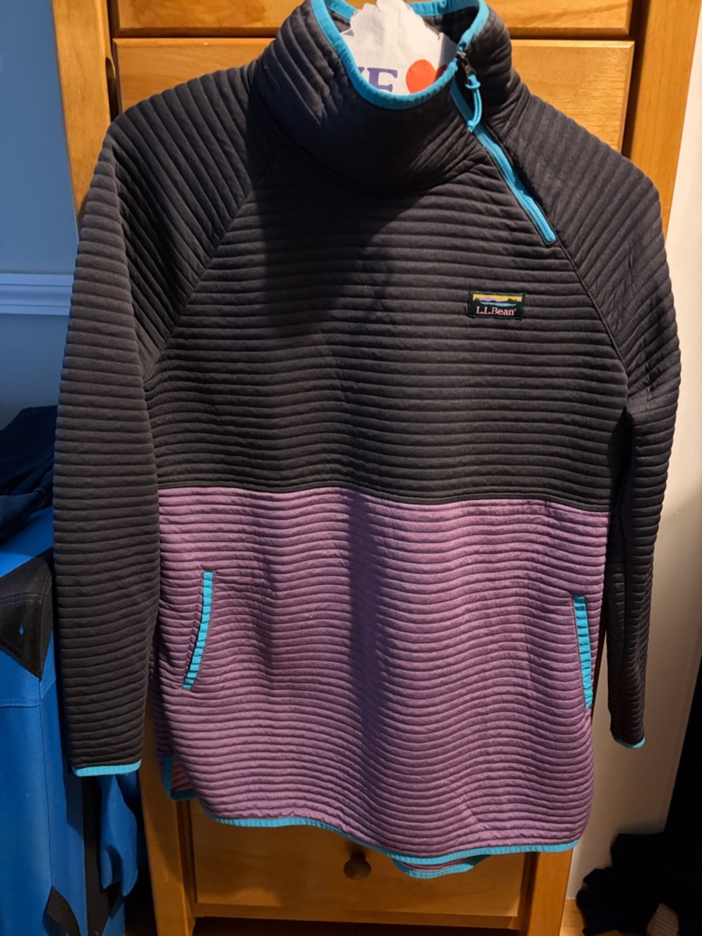 L.L. Bean Black and Purple Quilted Pullover with Turquoise Trim